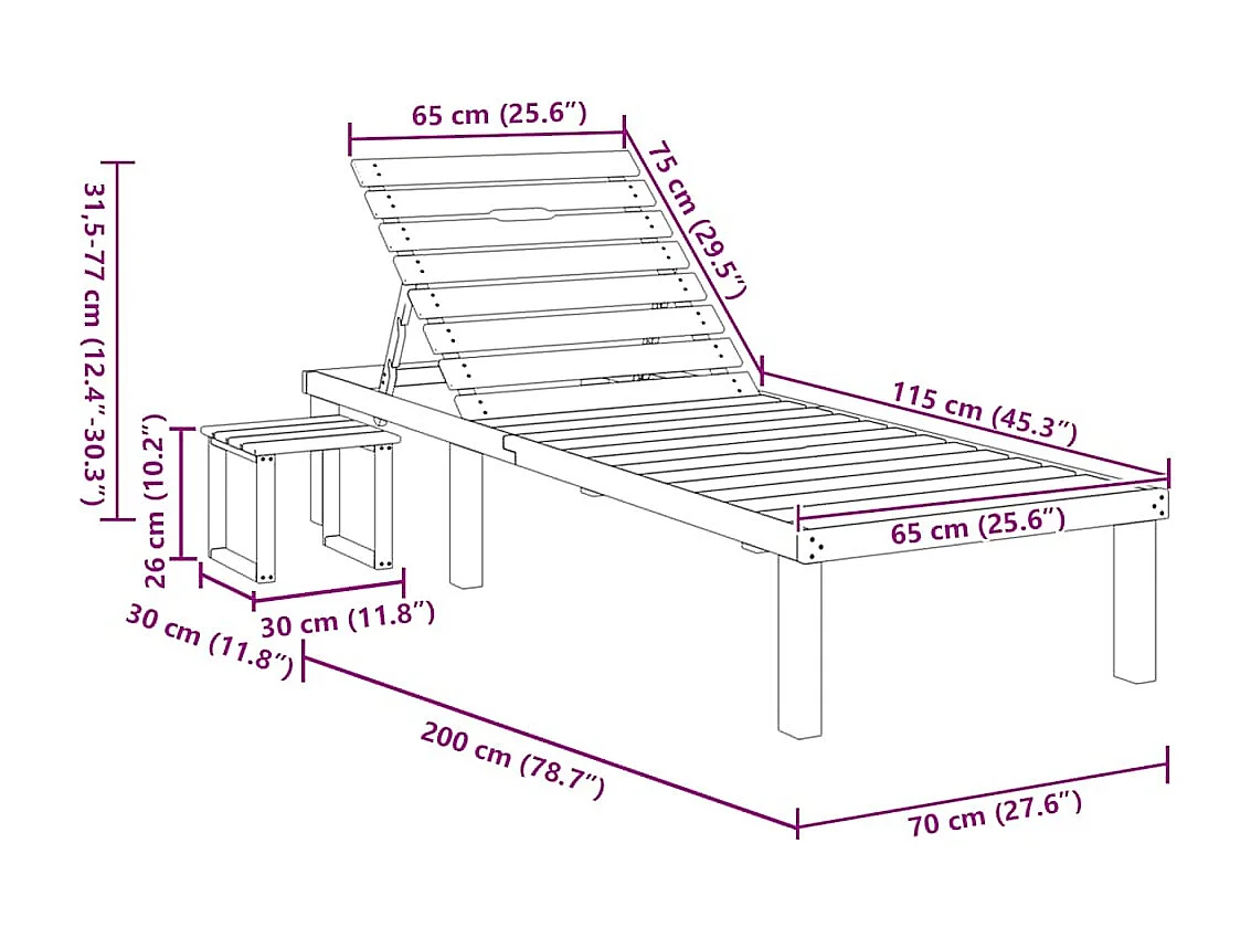 Lettino Prendisole con Tavolino in Legno di Pino Impregnato