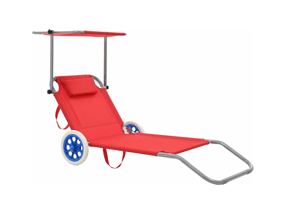 Chaise longue pliable avec auvent et roues Acier Rouge