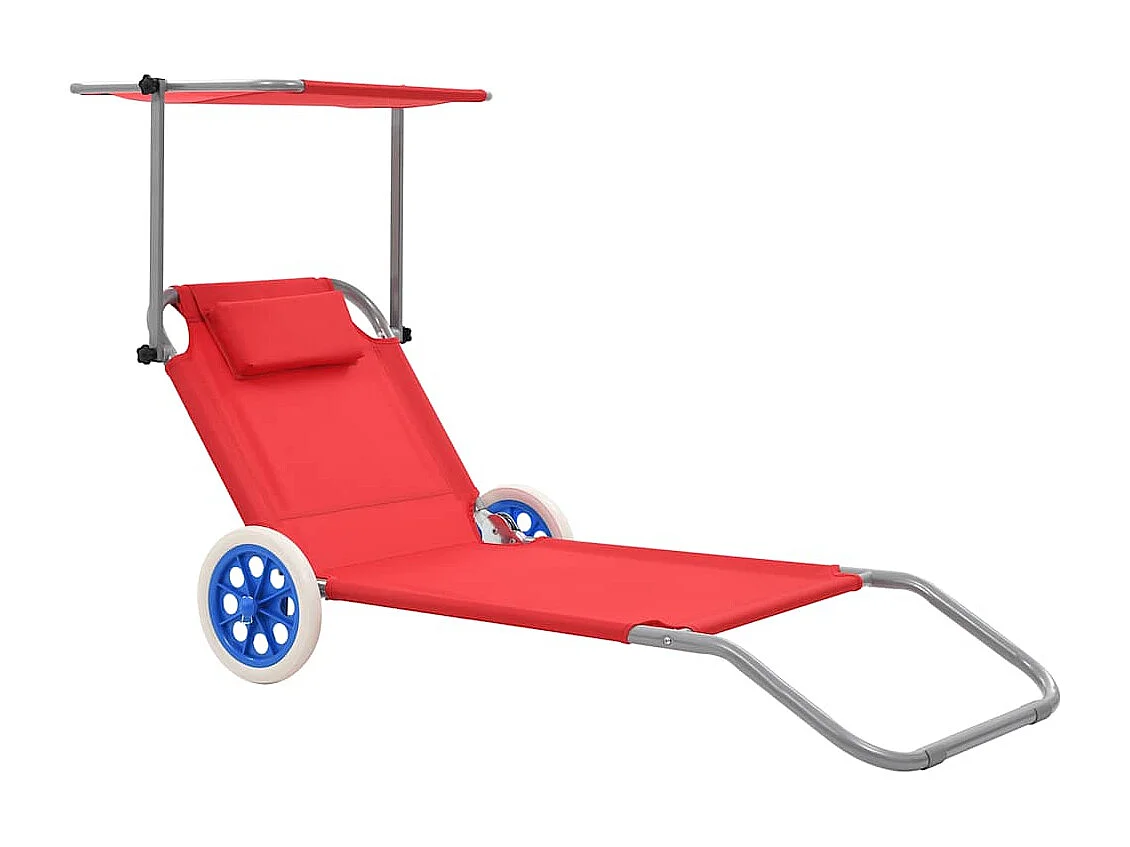 Chaise longue pliable avec auvent et roues Acier Rouge