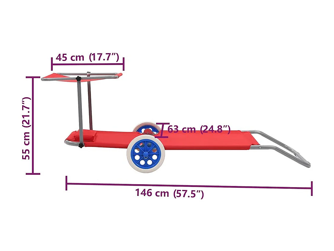 Chaise longue pliable avec auvent et roues Acier Rouge