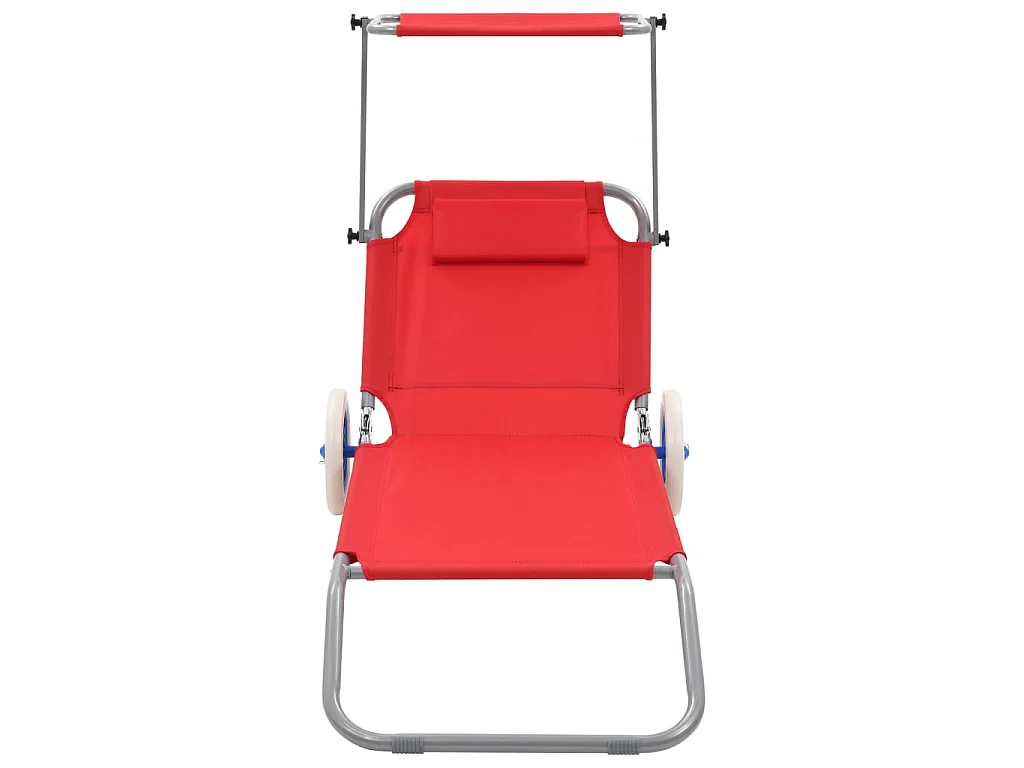 Chaise longue pliable avec auvent et roues Acier Rouge