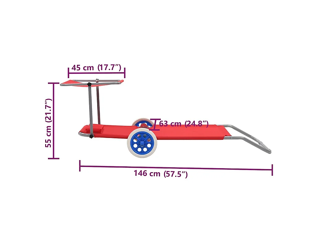 Chaise longue pliable avec auvent et roues Acier Rouge