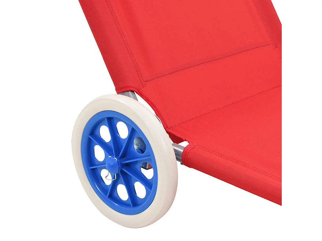 Chaise longue pliable avec auvent et roues Acier Rouge