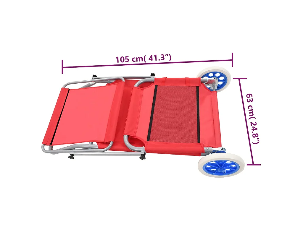 Chaise longue pliable avec auvent et roues Acier Rouge