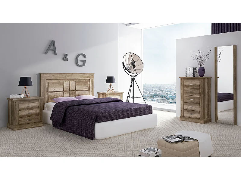 Ensemble chambre à coucher, tête de lit + 2 tables chevets + chiffonnier + miroir mural coloris chêne vieilli