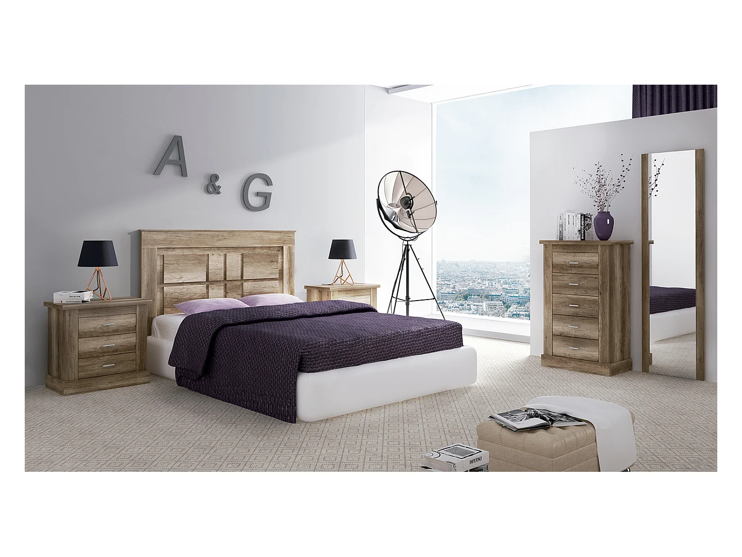 Ensemble chambre à coucher, tête de lit + 2 tables chevets + chiffonnier + miroir mural coloris chêne vieilli