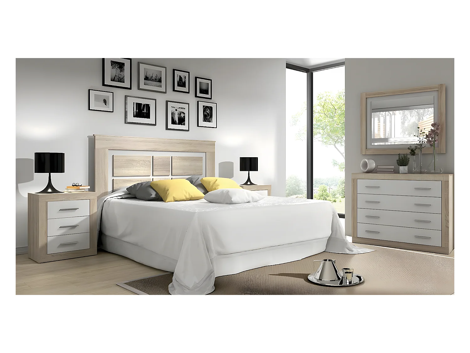 Ensemble chambre à coucher, tête de lit + 2 tables chevets + commode + miroir mural coloris Chêne cambrian, blanc