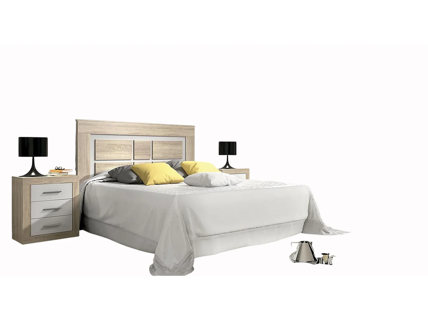Ensemble chambre à coucher, tête de lit + 2 tables chevets + commode + miroir mural coloris Chêne cambrian, blanc