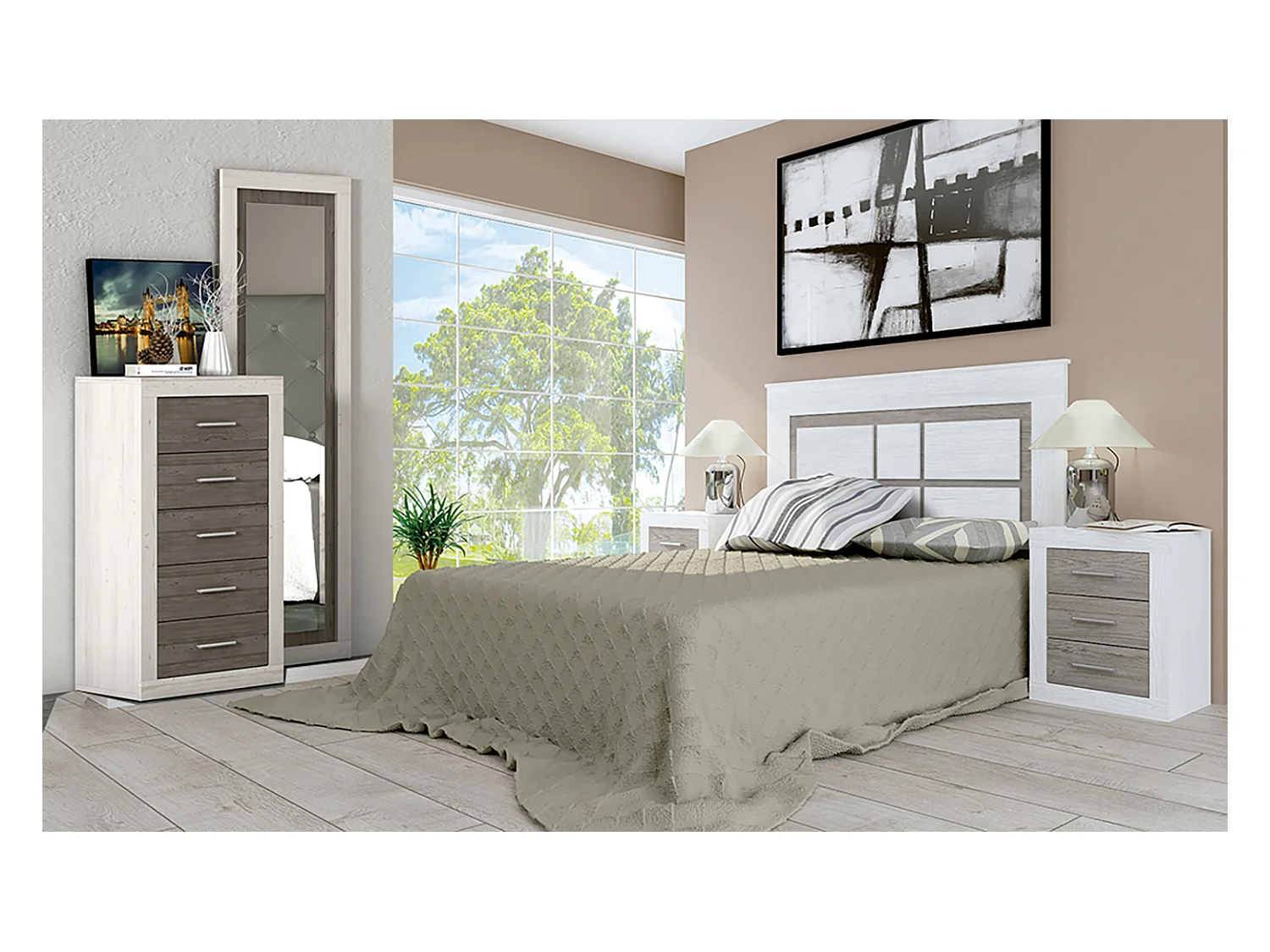 Ensemble chambre à coucher, tête de lit, 2 tables chevets + chiffonnier + miroir mural coloris Pin andersen, pin Gris