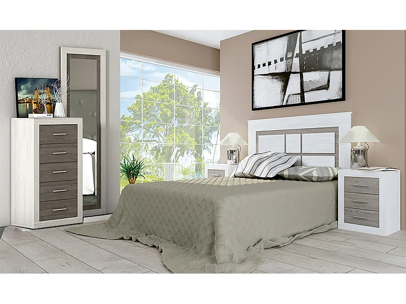 Ensemble chambre à coucher, tête de lit, 2 tables chevets + chiffonnier + miroir mural coloris Pin andersen, pin Gris