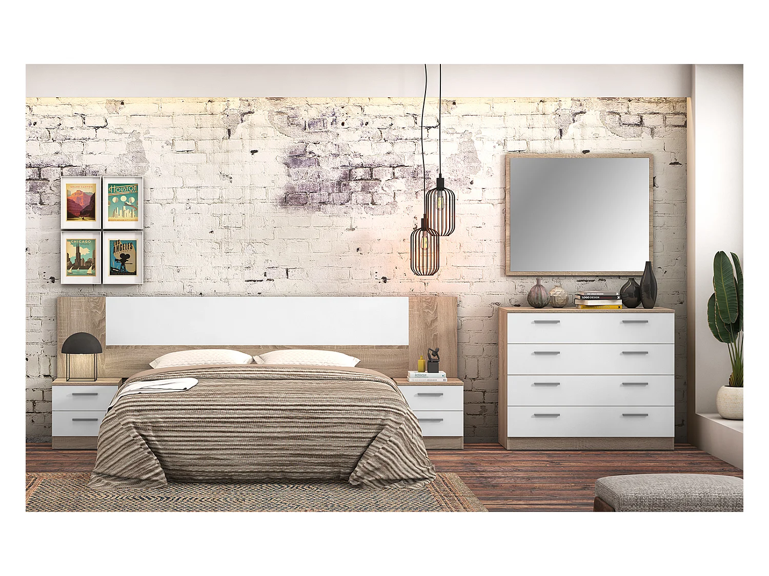 Ensemble chambre à coucher, tête de lit + 2 tables chevets + commode + miroir coloris chêne cambrian, blanc