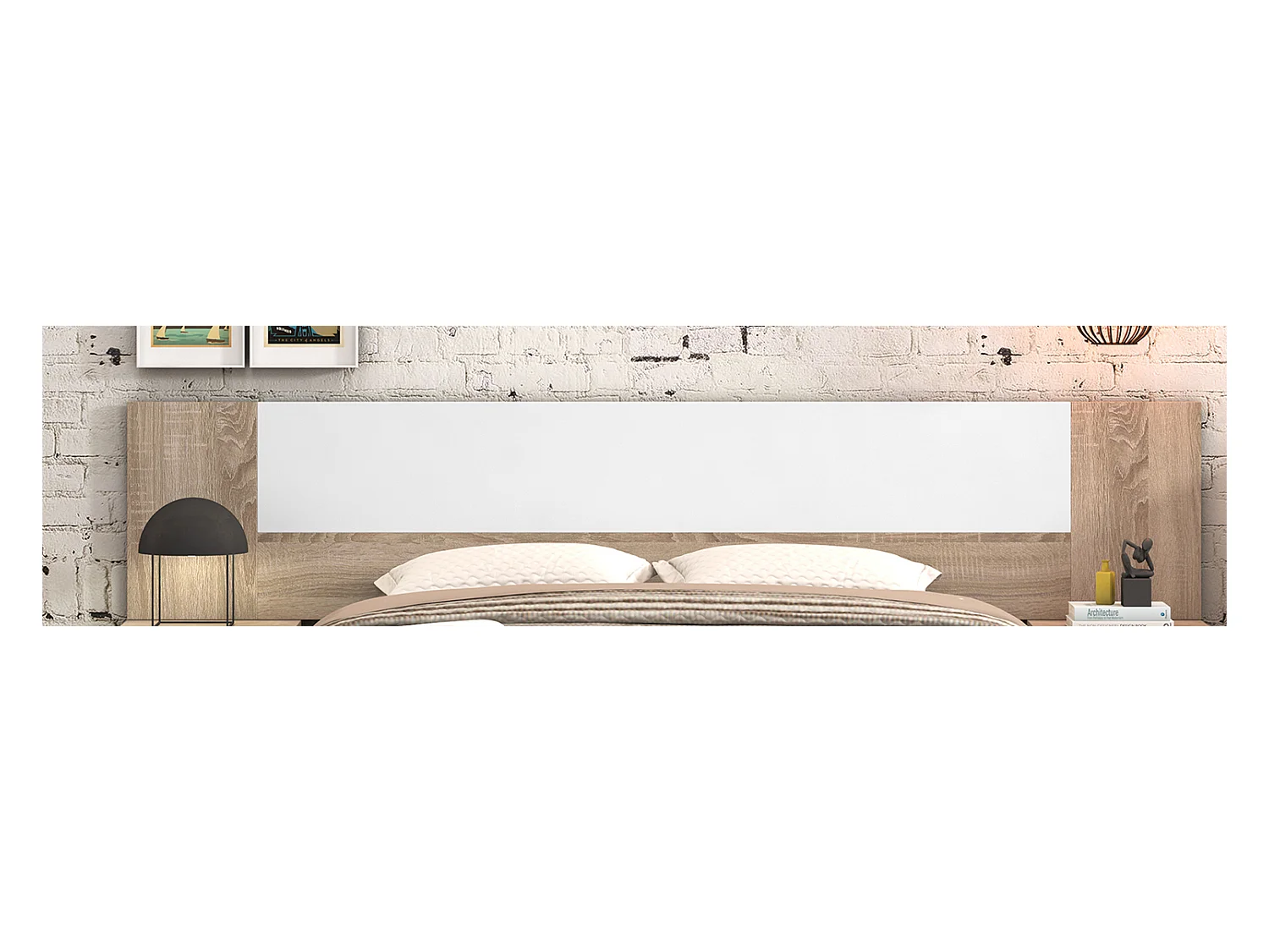 Ensemble chambre à coucher, tête de lit + 2 tables chevets + commode + miroir coloris chêne cambrian, blanc