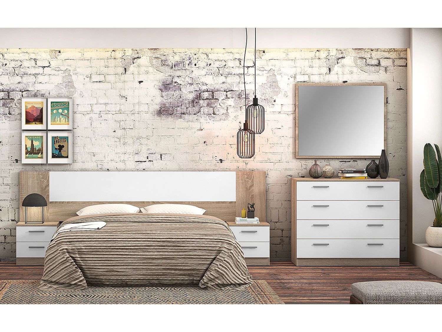 Ensemble chambre à coucher, tête de lit + 2 tables chevets + commode + miroir coloris chêne cambrian, blanc