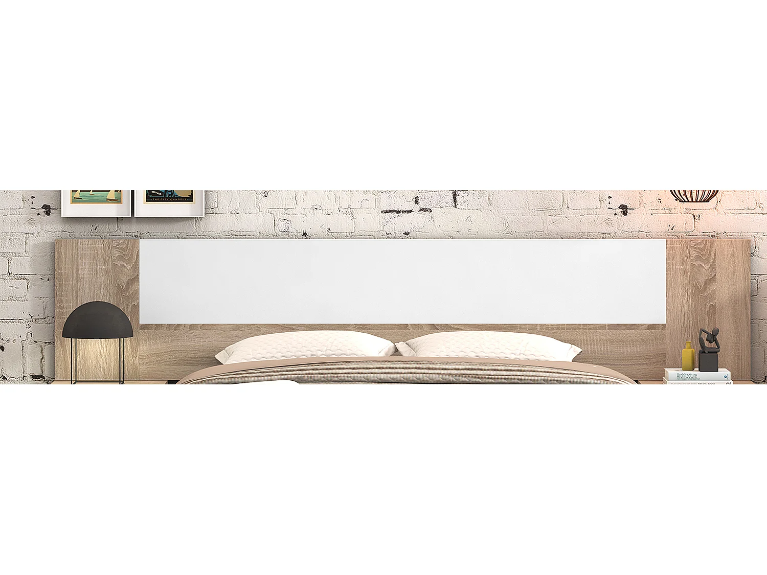 Ensemble chambre à coucher, tête de lit + 2 tables chevets + commode + miroir coloris chêne cambrian, blanc