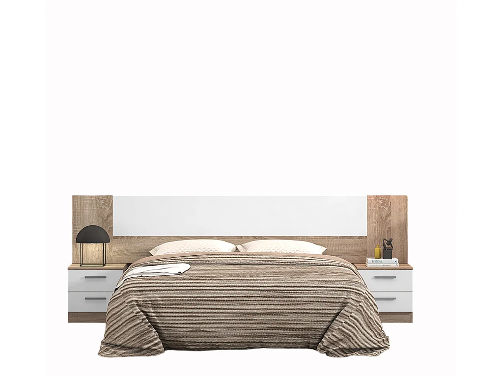 Ensemble chambre à coucher, tête de lit + 2 tables chevets + commode + miroir coloris chêne cambrian, blanc