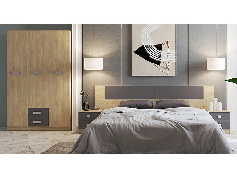 Ensemble chambre à coucher, tête de lit + table de chevet + armoire + chiffonnier coloris puccini, graphite