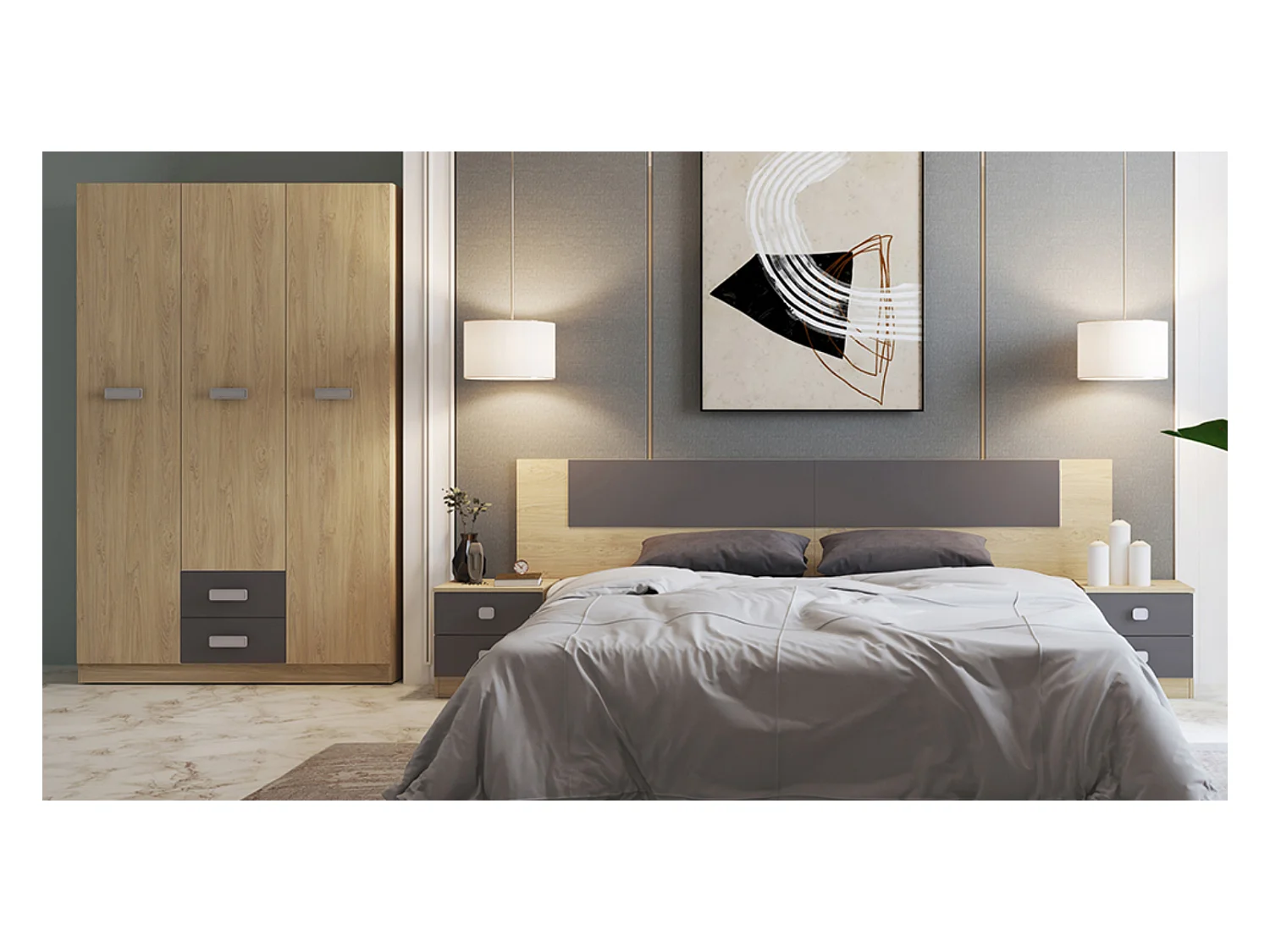 Ensemble chambre à coucher, tête de lit + table de chevet + armoire + chiffonnier coloris puccini, graphite