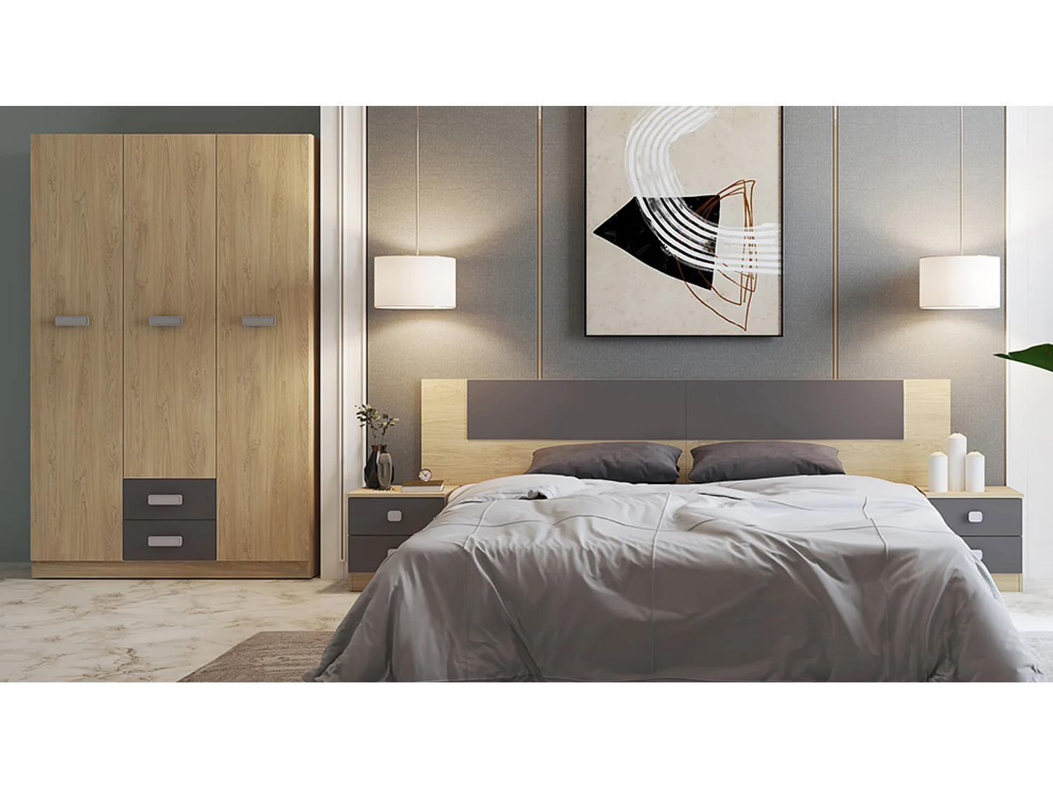 Ensemble chambre à coucher, tête de lit + table de chevet + armoire + chiffonnier coloris puccini, graphite