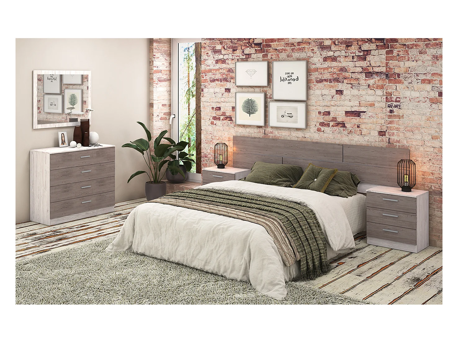 Ensemble chambre à coucher, tête de lit + 2 tables chevets + Commode + miroir mural coloris pin andersen, pin gris