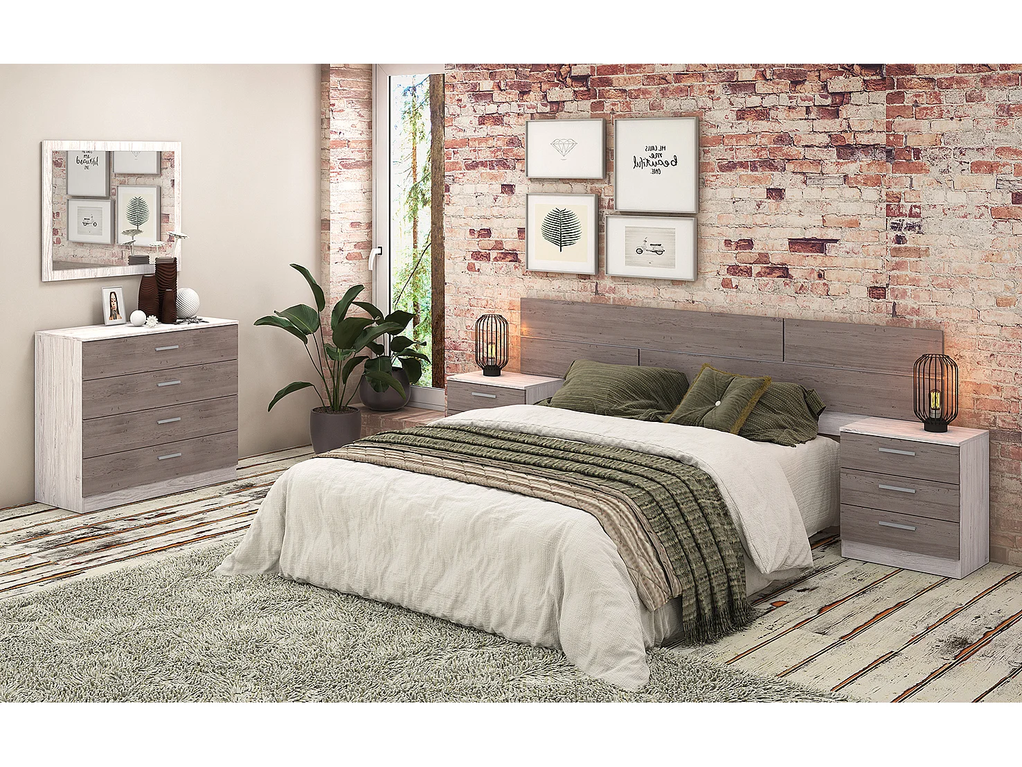 Ensemble chambre à coucher, tête de lit + 2 tables chevets + Commode + miroir mural coloris pin andersen, pin gris