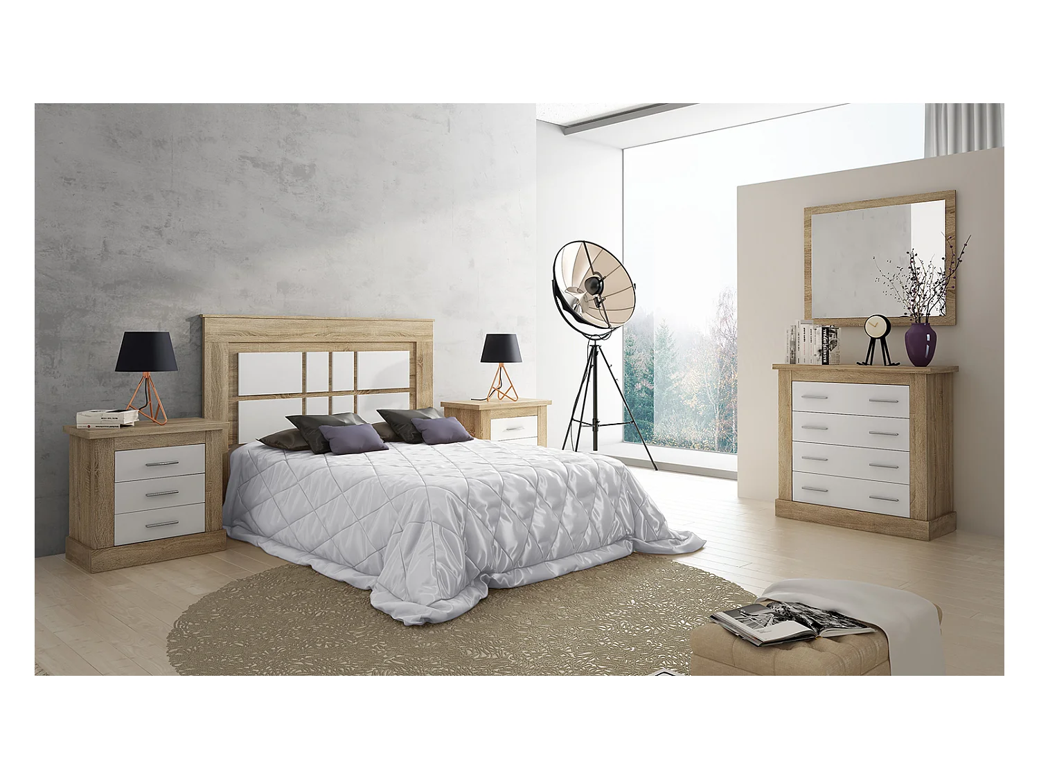 Ensemble chambre à coucher, tête de lit + 2 tables chevets + commode + miroir mural coloris chêne cambrian, blanc