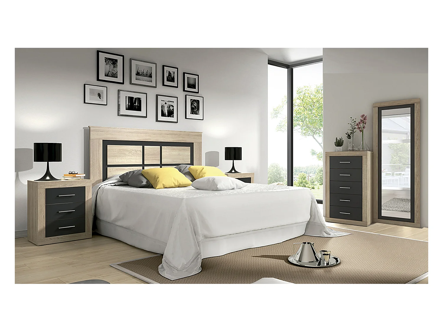 Ensemble chambre à coucher, tête de lit, 2 tables chevets + chiffonnier + miroir mural coloris chêne cambrian, graphite
