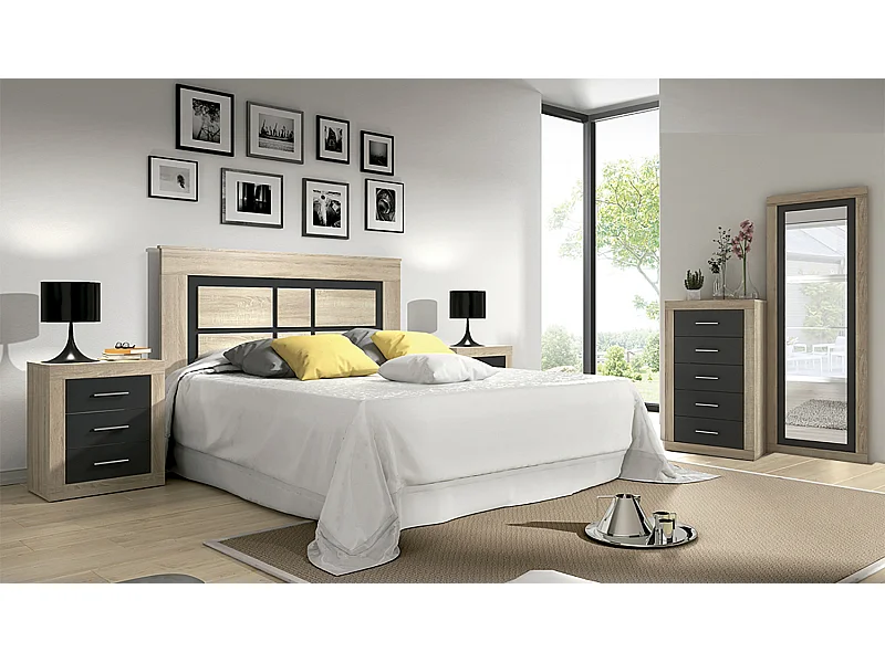 Ensemble chambre à coucher, tête de lit, 2 tables chevets + chiffonnier + miroir mural coloris chêne cambrian, graphite