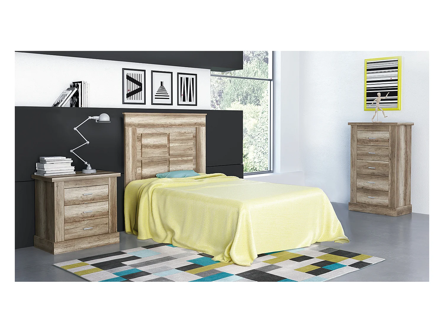 Ensemble chambre à coucher enfant, tête de lit + table de chevet + chiffonnier coloris chêne vieilli