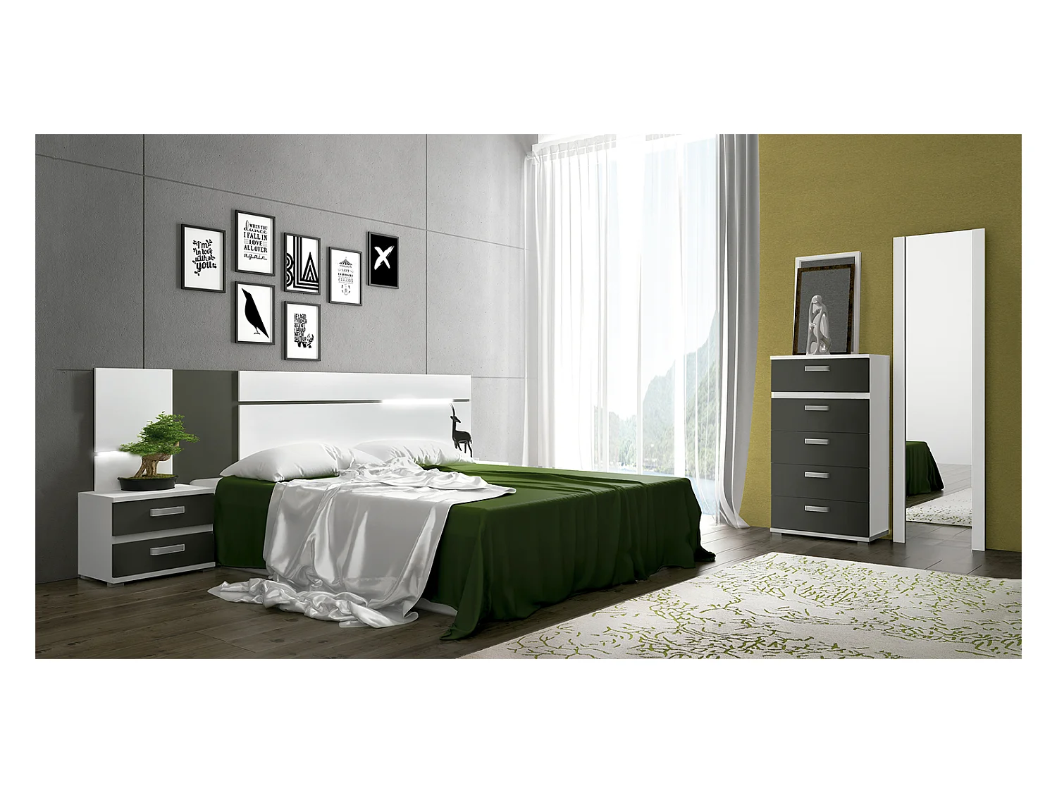 Ensemble chambre à coucher, tête de lit avec LED + 2 tables chevets + chiffonier + miroir mural long coloris blanc/graphite