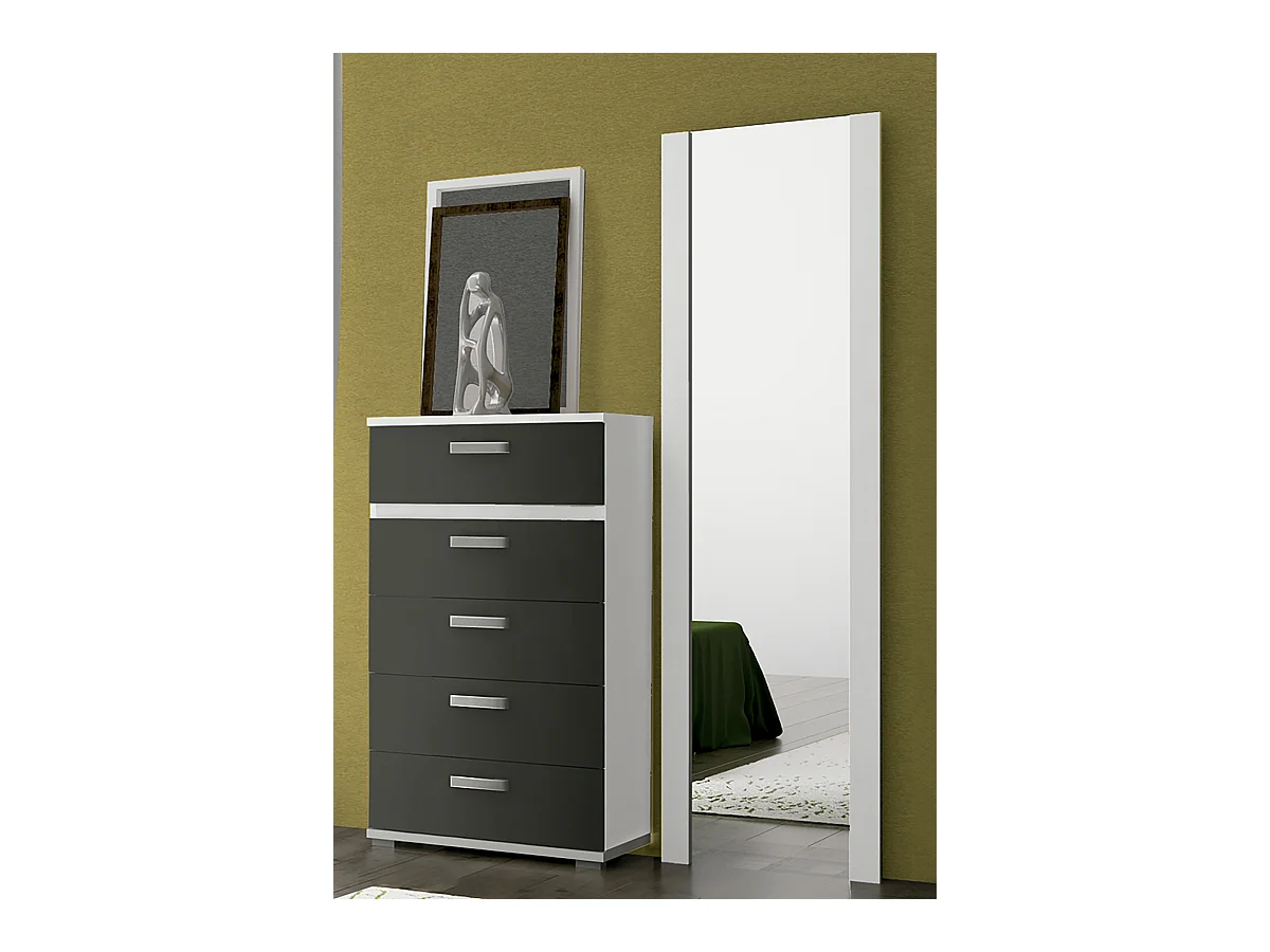 Ensemble chambre à coucher, tête de lit avec LED + 2 tables chevets + chiffonier + miroir mural long coloris blanc/graphite