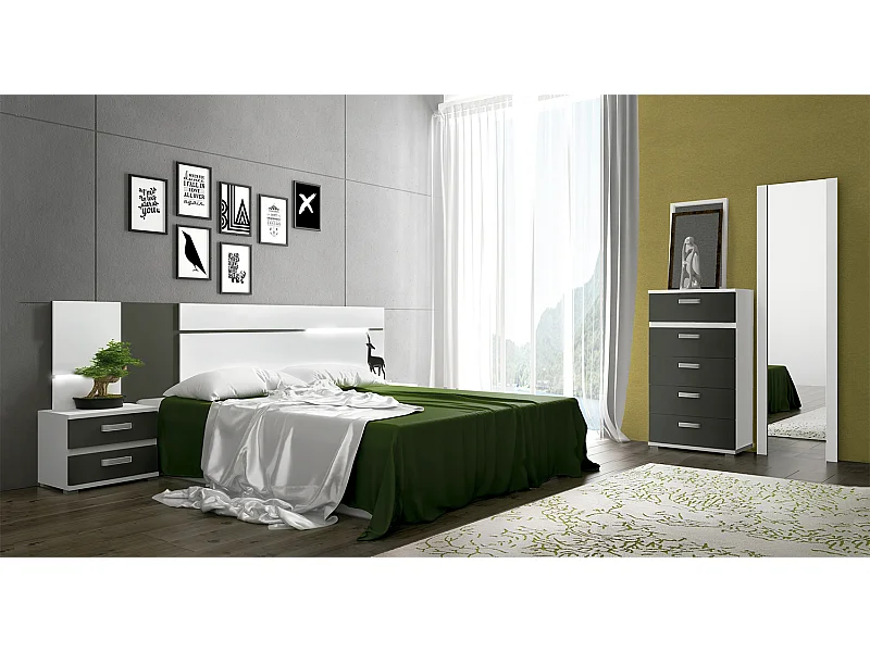 Ensemble chambre à coucher, tête de lit avec LED + 2 tables chevets + chiffonier + miroir mural long coloris blanc/graphite