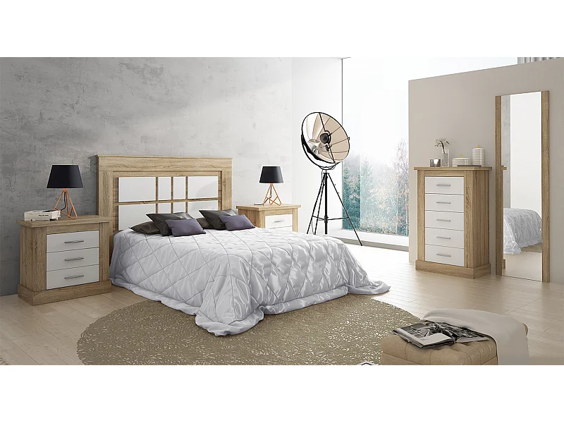 Ensemble chambre à coucher, tête de lit + 2 tables chevets + chiffonnier + miroir mural coloris chêne cambrian, blanc