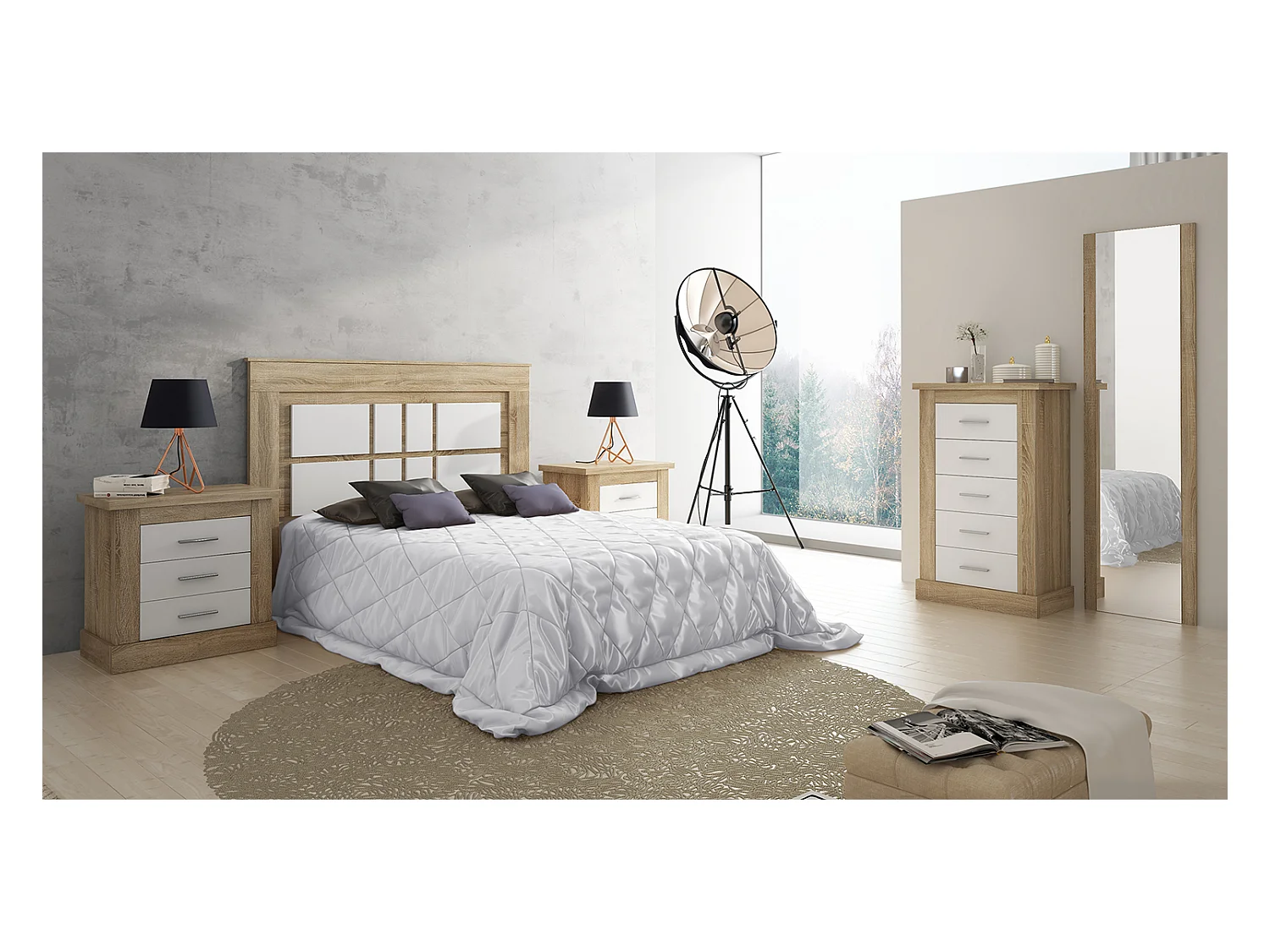 Ensemble chambre à coucher, tête de lit + 2 tables chevets + chiffonnier + miroir mural coloris chêne cambrian, blanc