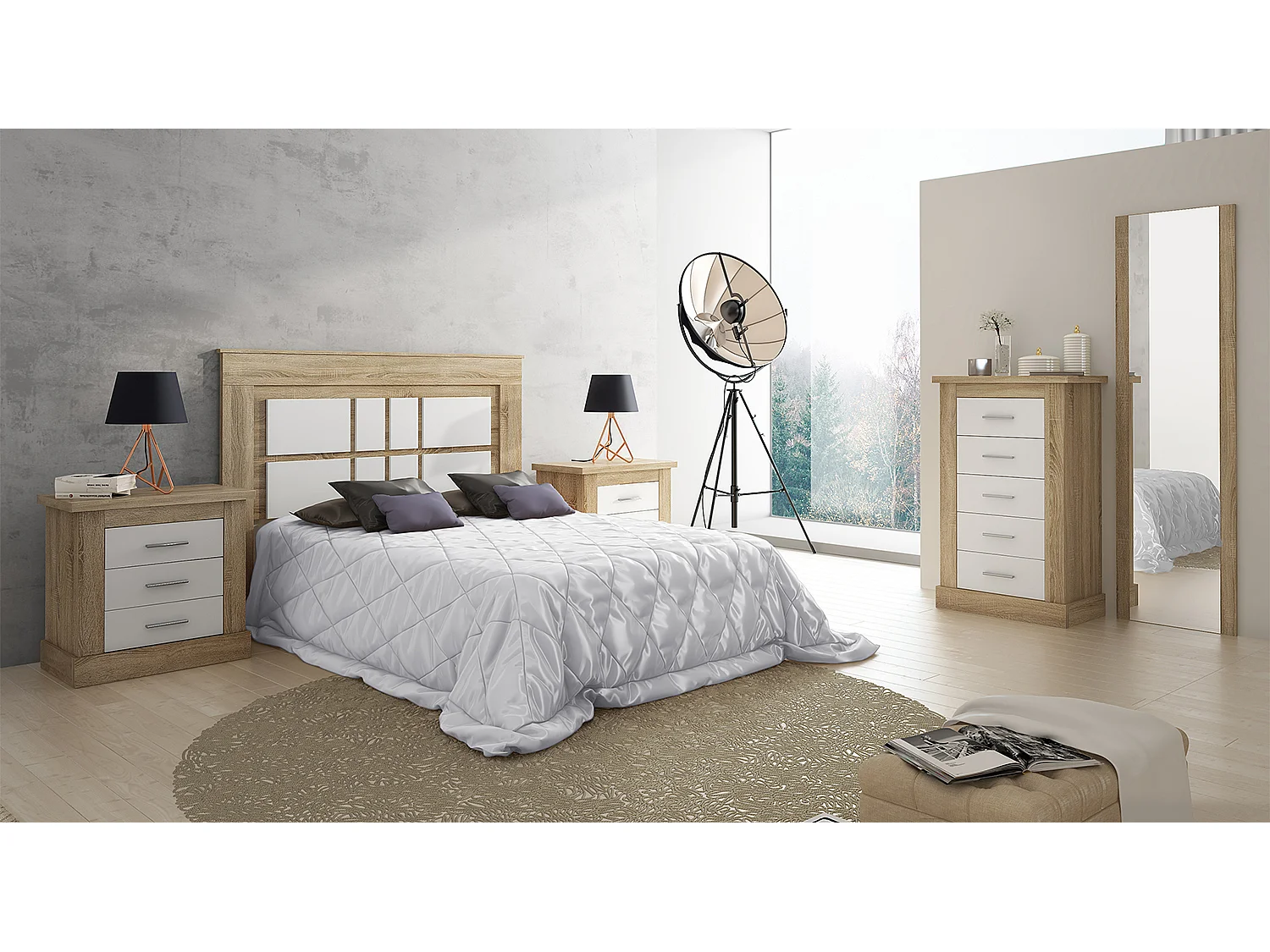 Ensemble chambre à coucher, tête de lit + 2 tables chevets + chiffonnier + miroir mural coloris chêne cambrian, blanc