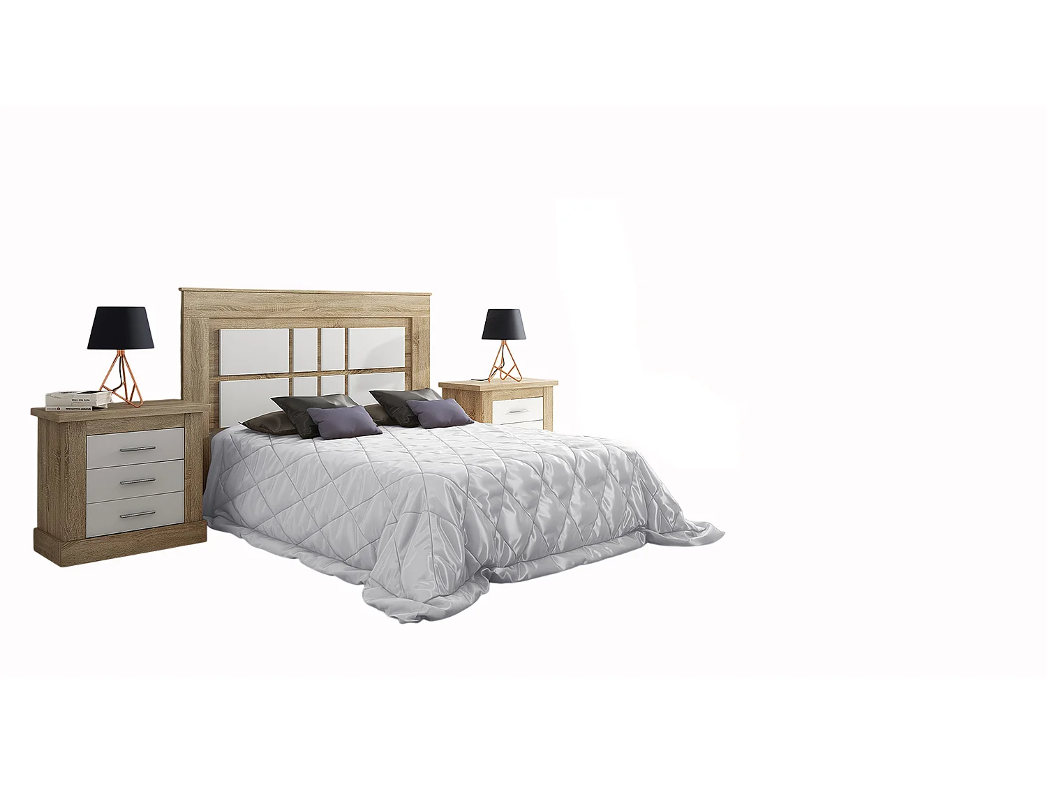 Ensemble chambre à coucher, tête de lit + 2 tables chevets + chiffonnier + miroir mural coloris chêne cambrian, blanc