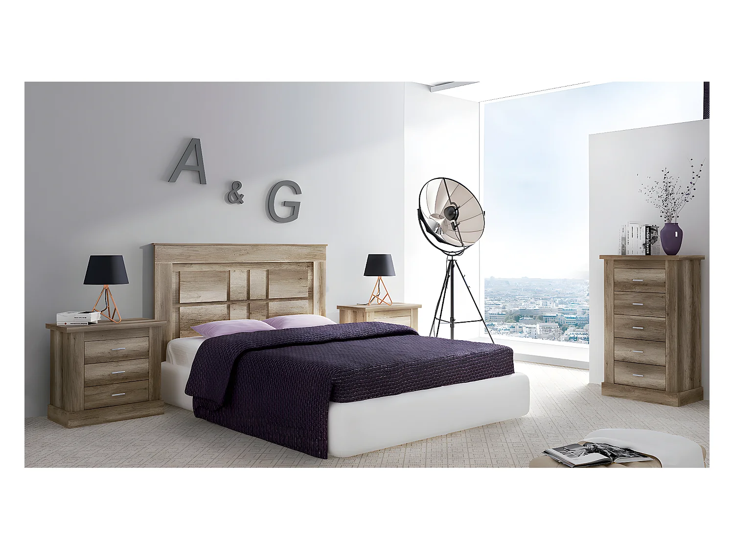 Ensemble de tête de lit avec pieds + 2 tables de chevet + chiffonnier coloris chêne vieilli