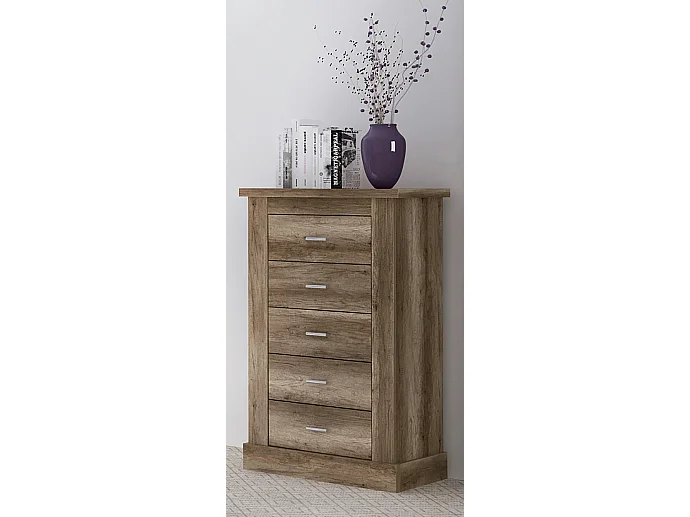 Ensemble de tête de lit avec pieds + 2 tables de chevet + chiffonnier coloris chêne vieilli