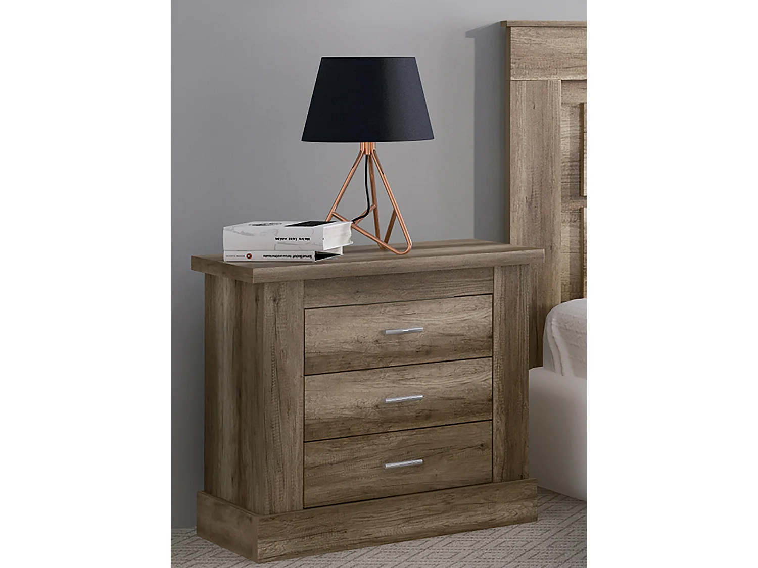 Ensemble de tête de lit avec pieds + 2 tables de chevet + chiffonnier coloris chêne vieilli