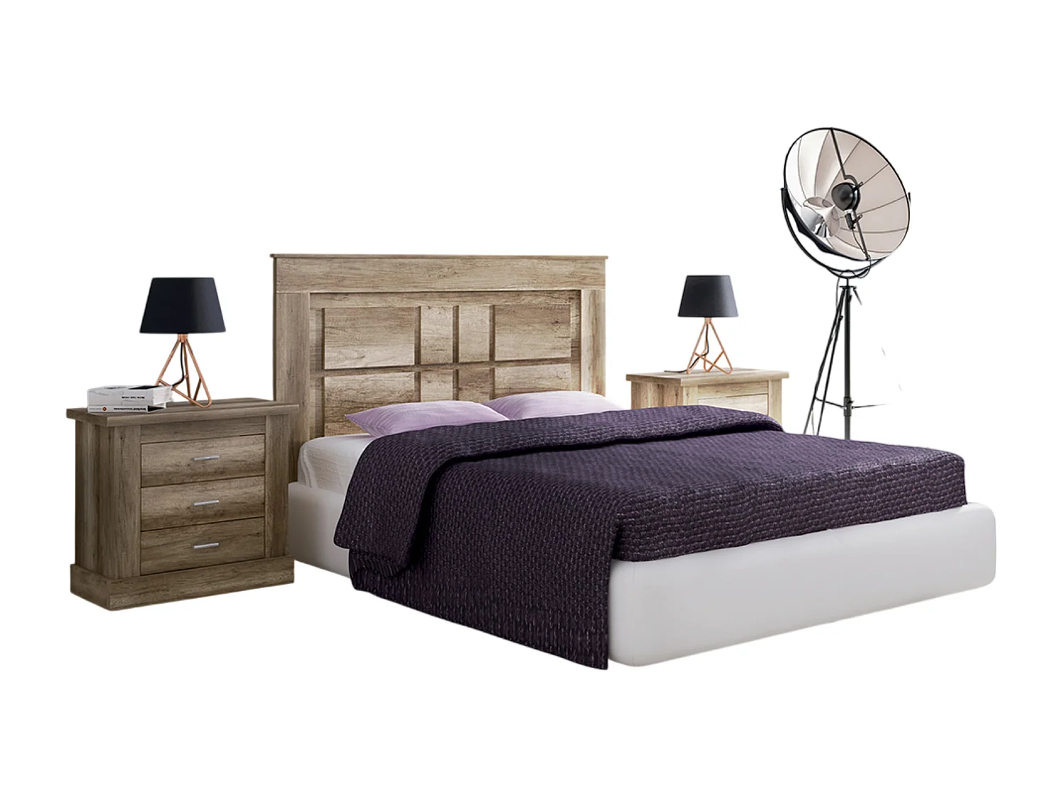 Ensemble de tête de lit avec pieds + 2 tables de chevet + chiffonnier coloris chêne vieilli