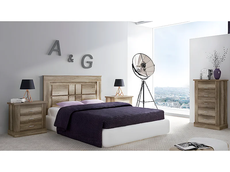 Ensemble de tête de lit avec pieds + 2 tables de chevet + chiffonnier coloris chêne vieilli