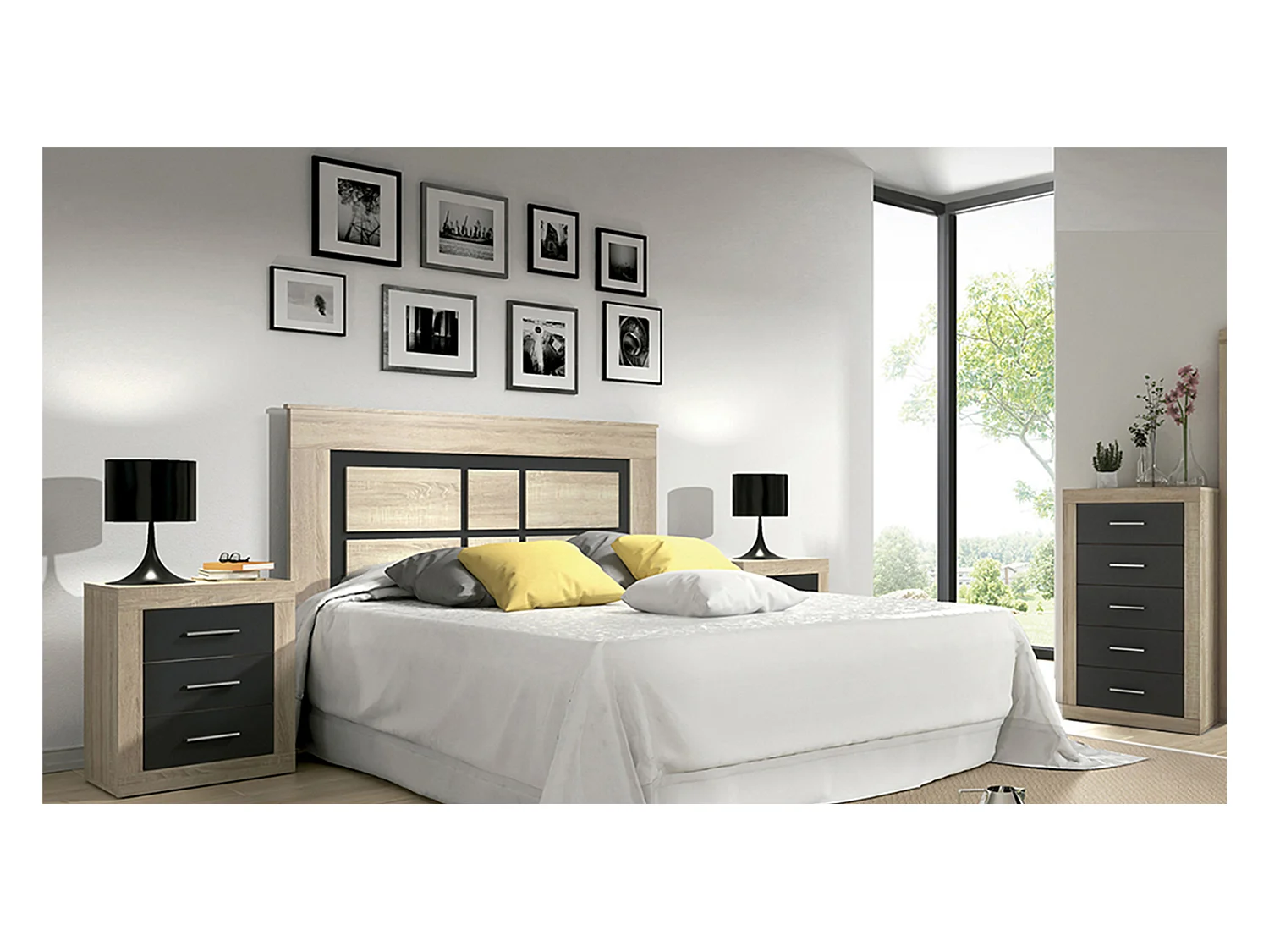 Ensemble de tête de lit + 2 chevets + chiffonnier coloris chêne cambrian, graphite