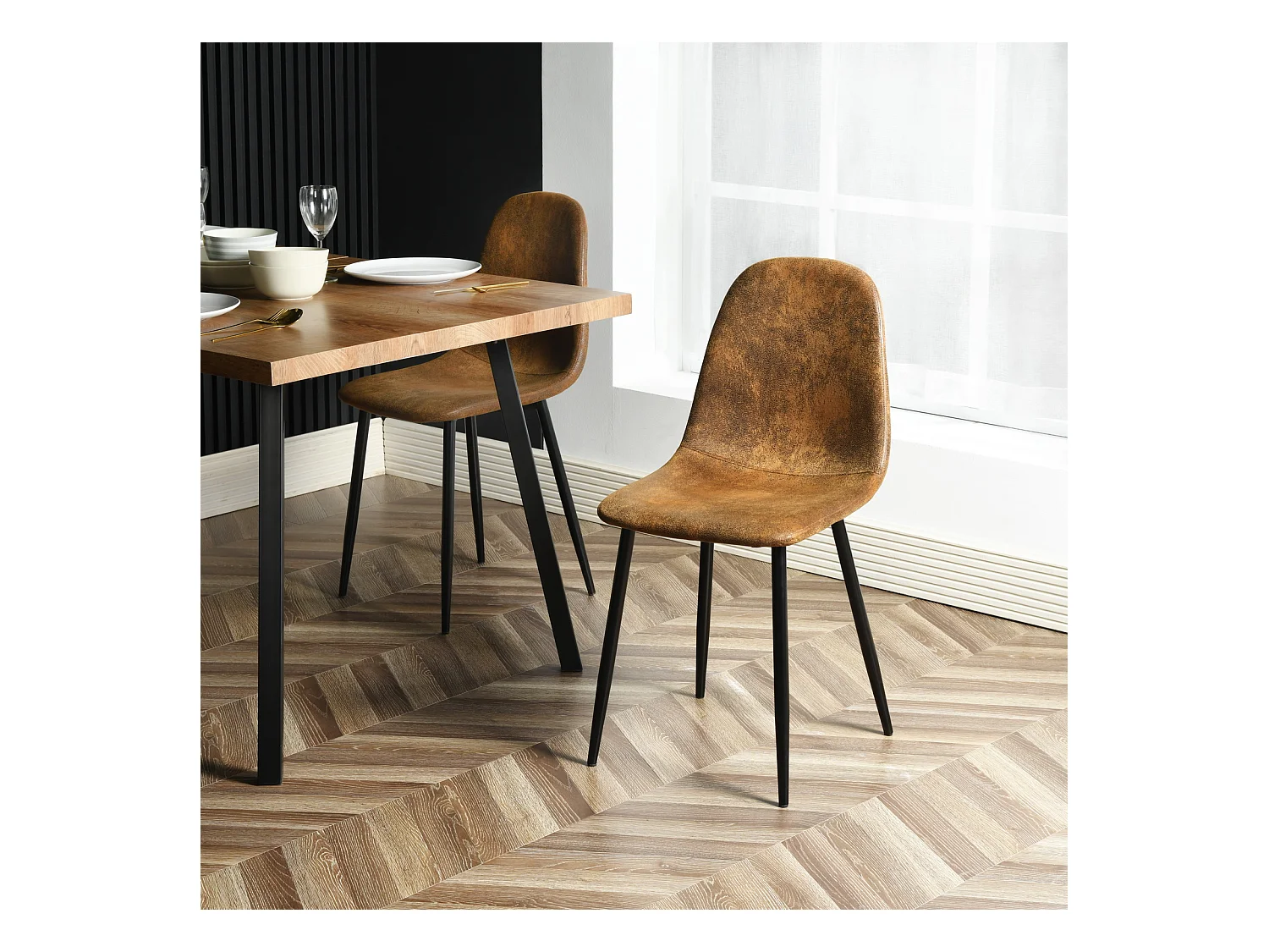 Lot de 4 chaises de salle à manger rétro vintage en tissu micro-fibre effet suède/daim avec pieds en métal noir