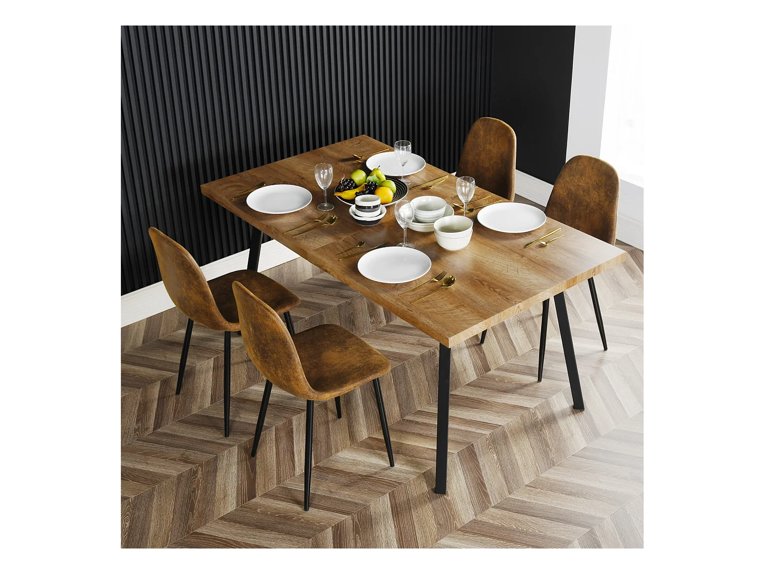 Lot de 4 chaises de salle à manger rétro vintage en tissu micro-fibre effet suède/daim avec pieds en métal noir