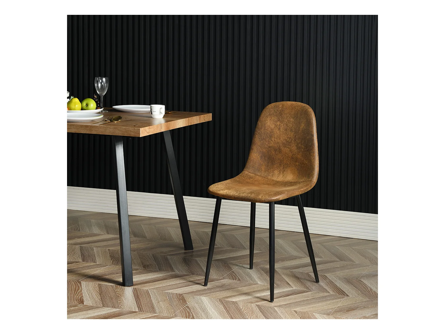 Lot de 4 chaises de salle à manger rétro vintage en tissu micro-fibre effet suède/daim avec pieds en métal noir