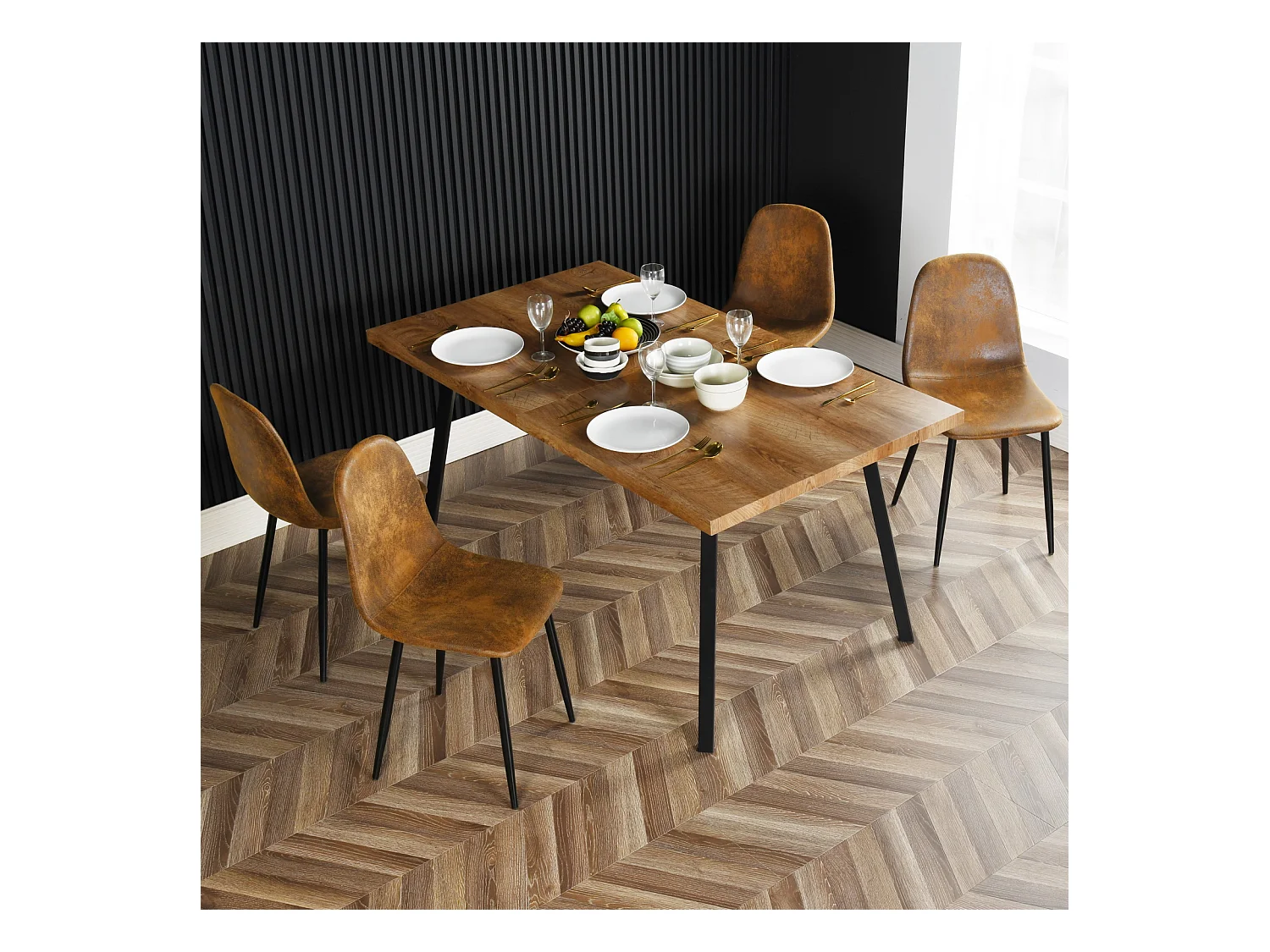 Lot de 4 chaises de salle à manger rétro vintage en tissu micro-fibre effet suède/daim avec pieds en métal noir