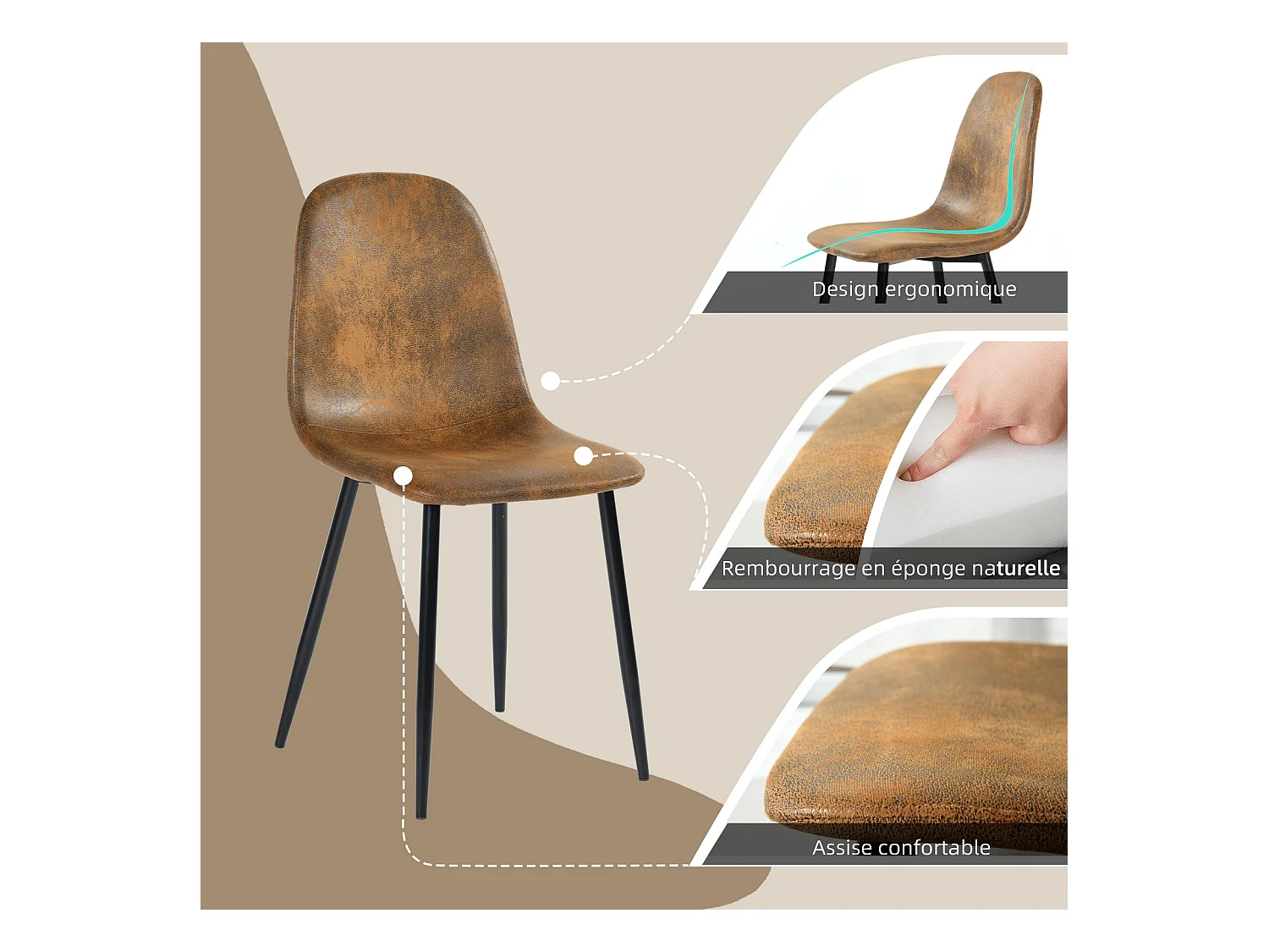 Lot de 4 chaises de salle à manger rétro vintage en tissu micro-fibre effet suède/daim avec pieds en métal noir
