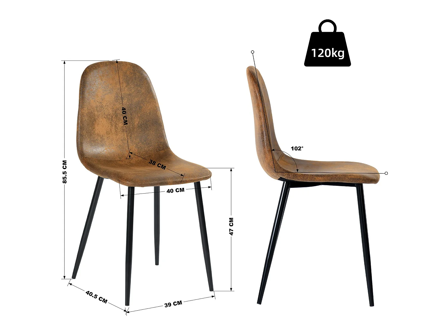 Lot de 4 chaises de salle à manger rétro vintage en tissu micro-fibre effet suède/daim avec pieds en métal noir