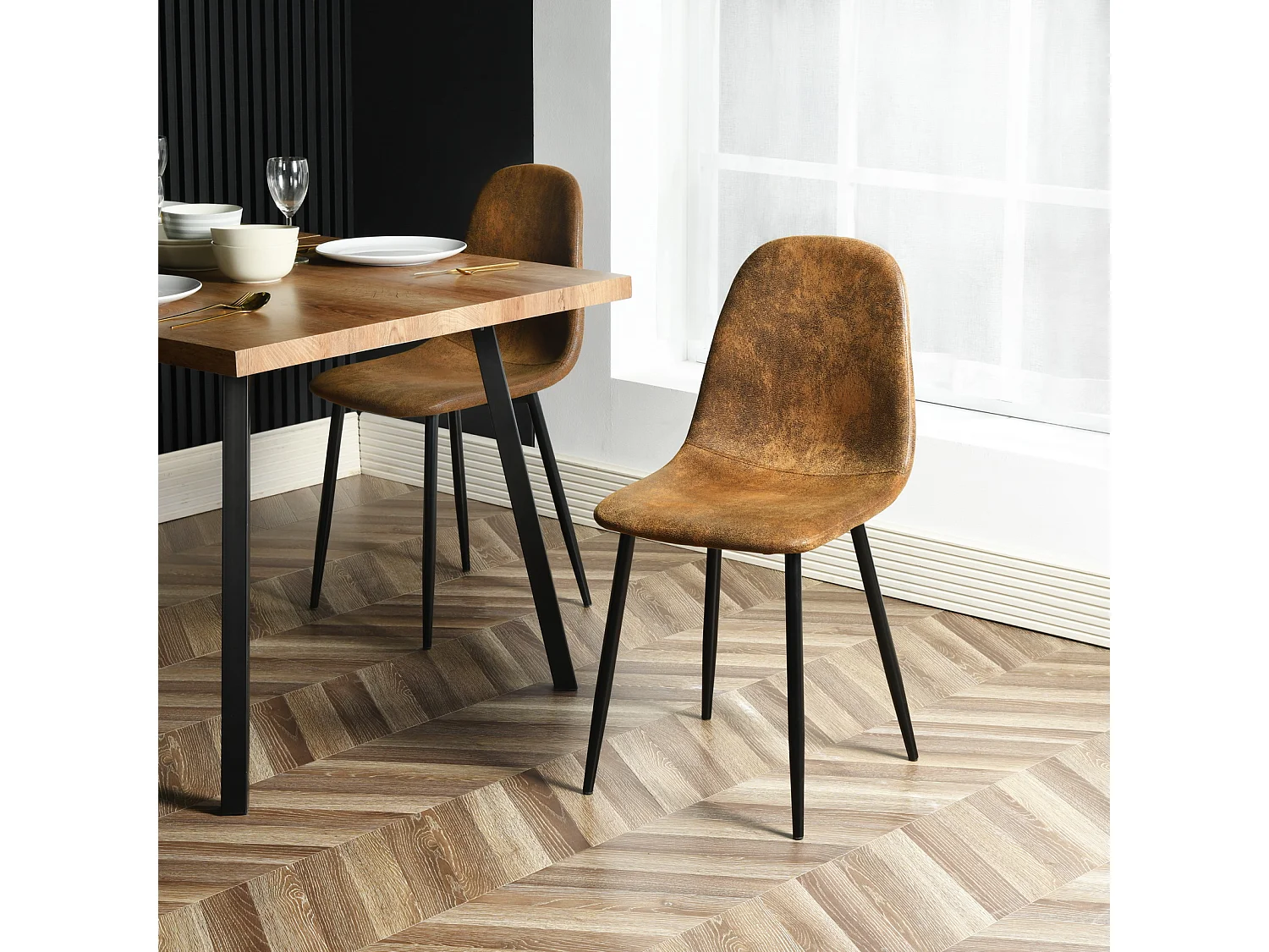 Lot de 4 chaises de salle à manger rétro vintage en tissu micro-fibre effet suède/daim avec pieds en métal noir