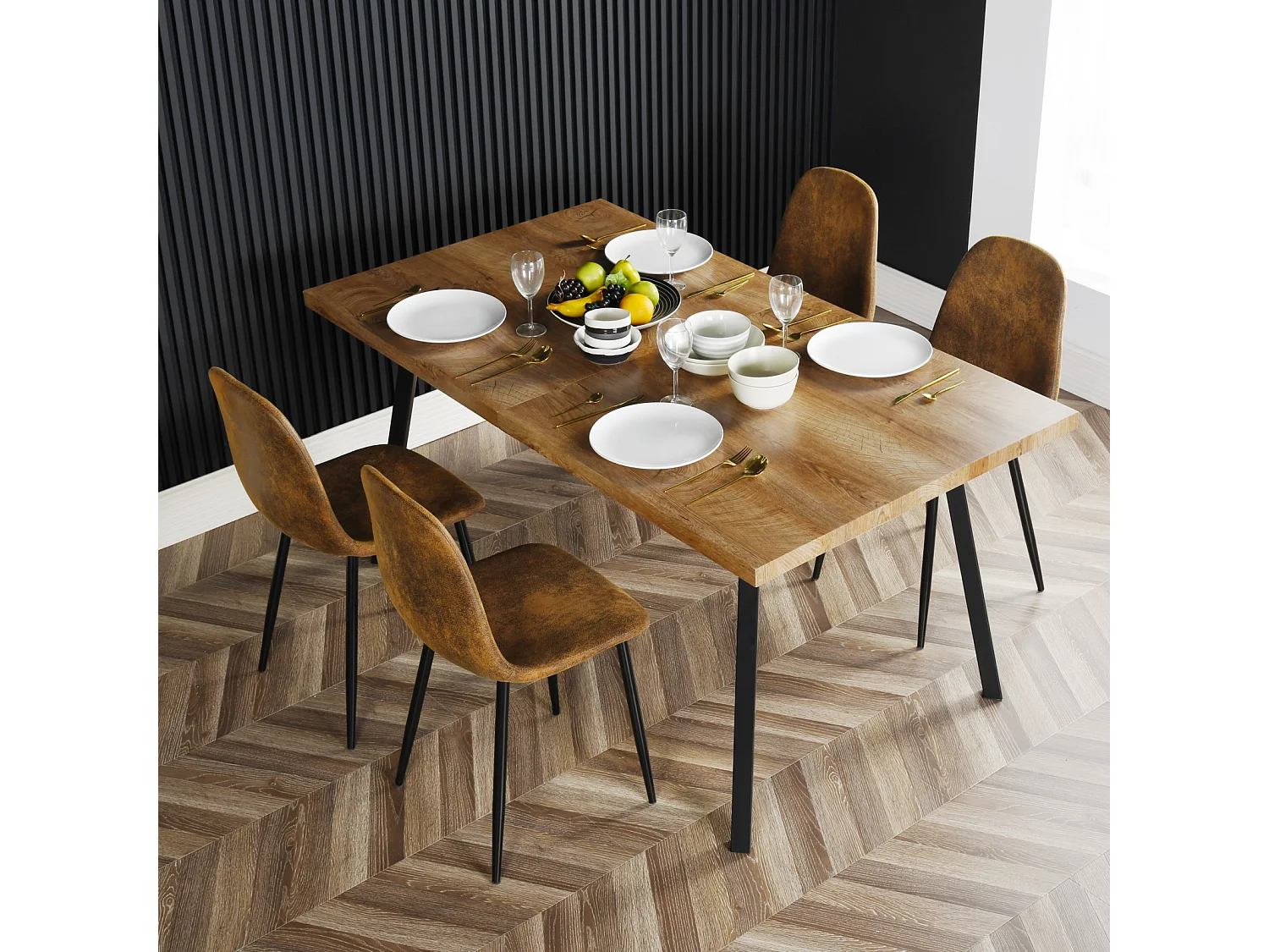 Lot de 4 chaises de salle à manger rétro vintage en tissu micro-fibre effet suède/daim avec pieds en métal noir