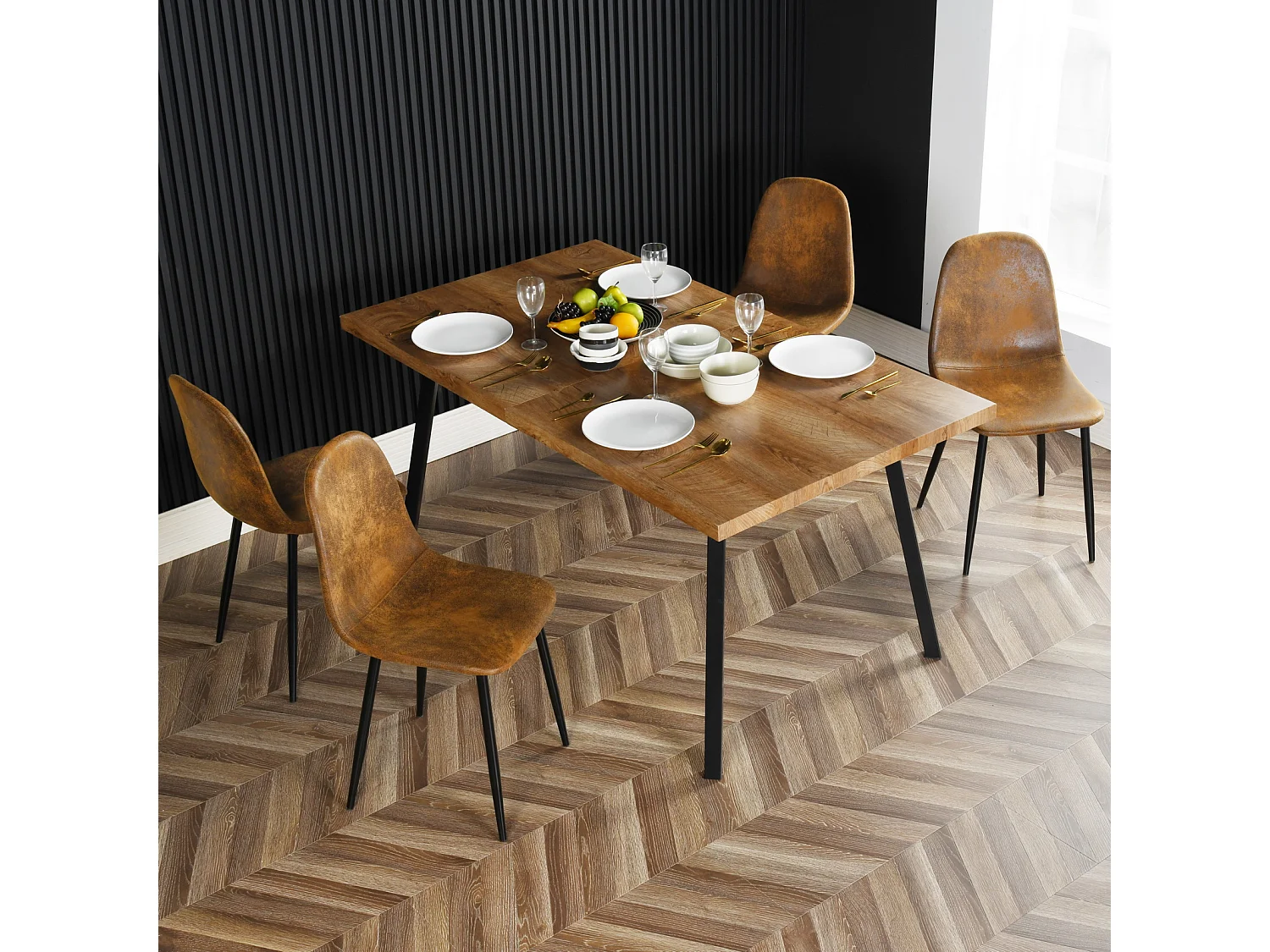 Lot de 4 chaises de salle à manger rétro vintage en tissu micro-fibre effet suède/daim avec pieds en métal noir